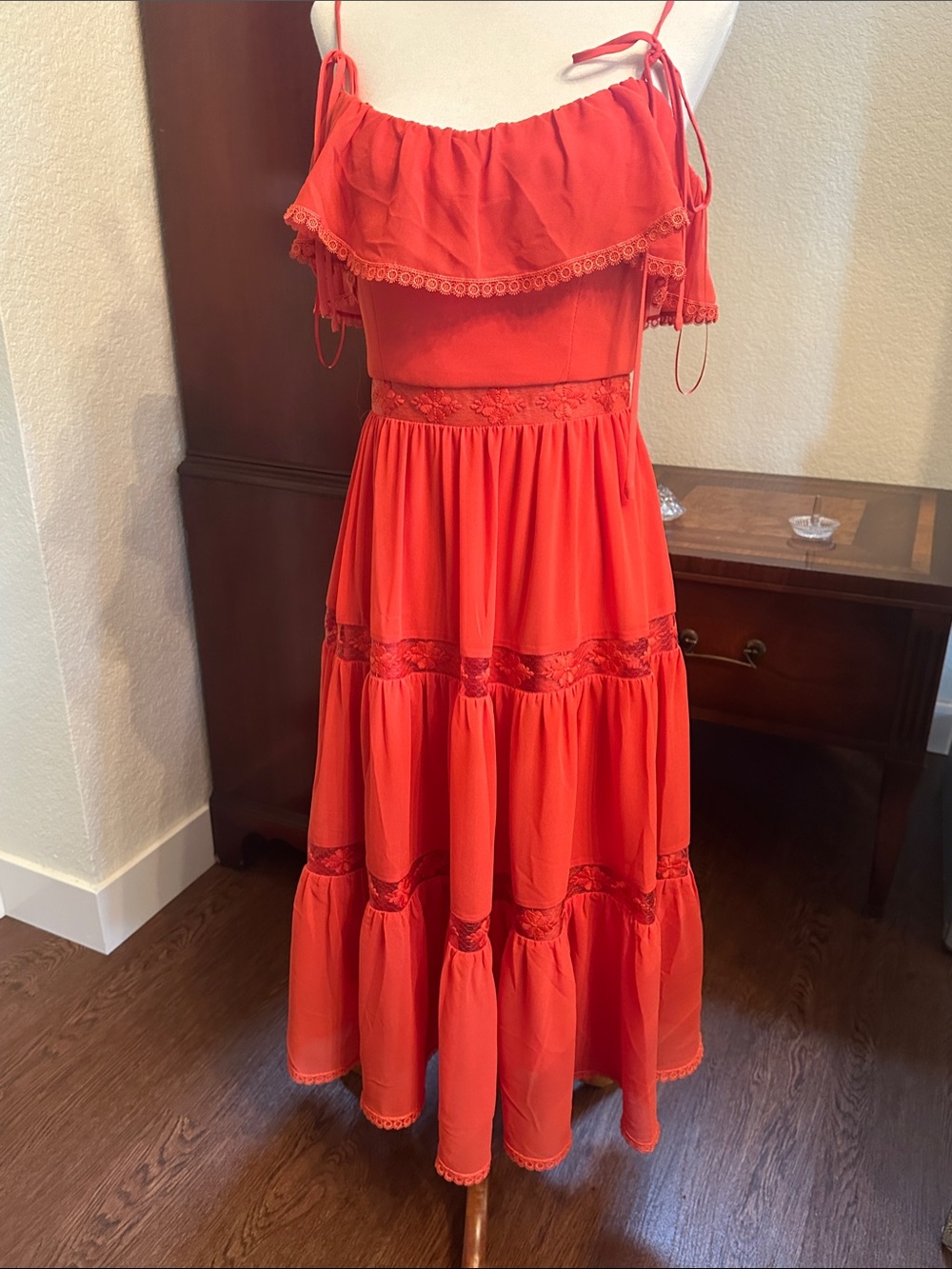 Dress the Population Vibrant Orange Tiered Lace-Trim Midi Sundress.